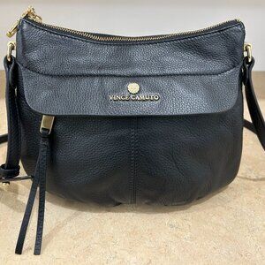 Vince Camuto black pebbled leather crossbody bag with gold-tone hardware